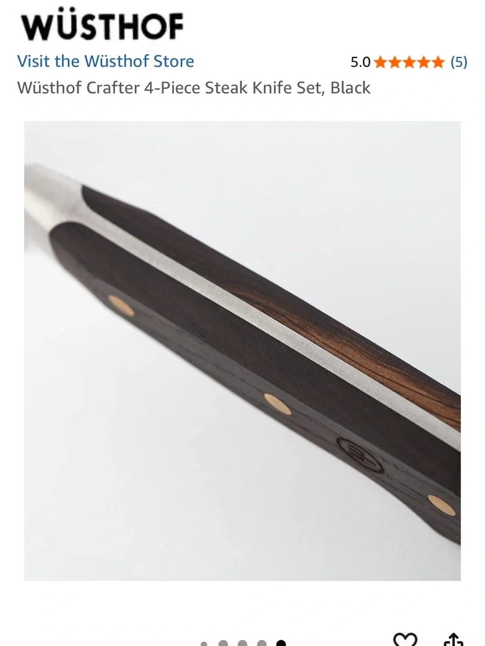New Wüsthof Crafter 4 Piece Steak Knife Set with Oak Handles & Brass Rivets